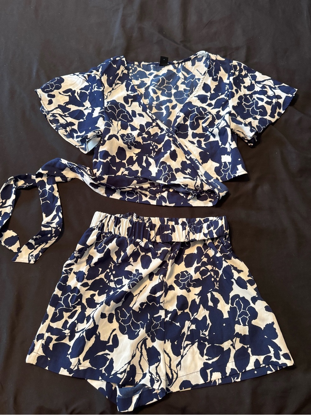 SHEIN Navy and White Floral Wrap Top & Shorts Set